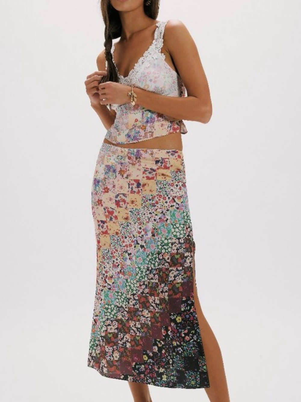 Free People Say Hello Set Patchwork Lace Top Midi Skirt Small